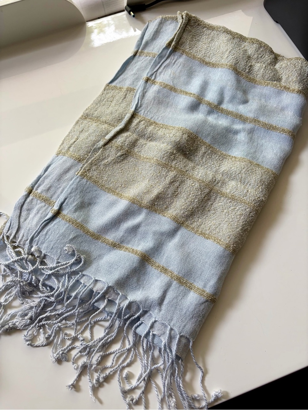 Light Blue and Gold Striped Fringe Scarf - Women Accessories
